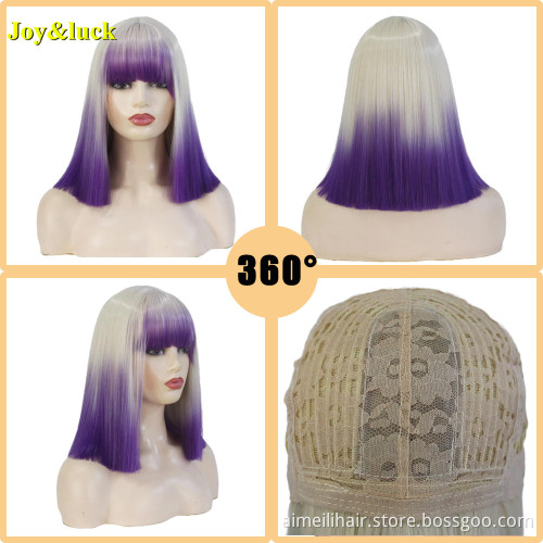 Women's Hairstyle Blonde Ombre Purple Ladies Party Wig With Bangs Short Natural Straight Cosplay Halloween Synthetic Hair Wigs
